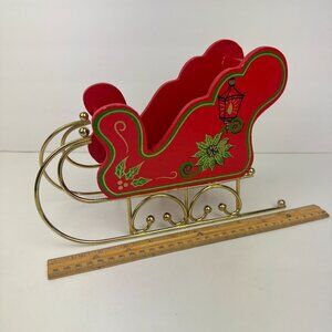 Vtg Christmas Holiday Santa Sleigh Sled Wood Metal Gold Legs Skis Red Green READ